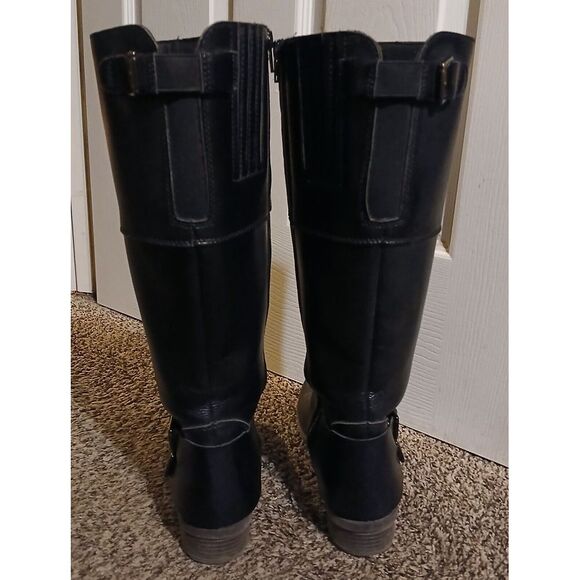 Clarks Black Leather Tall Riding Boots Stretch Panel Women's Size 7.5 Block Heel - Picture 4 of 6